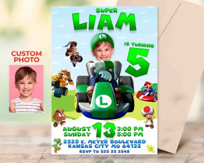 Super Luigi Birthday Invitation with photo, custom photo