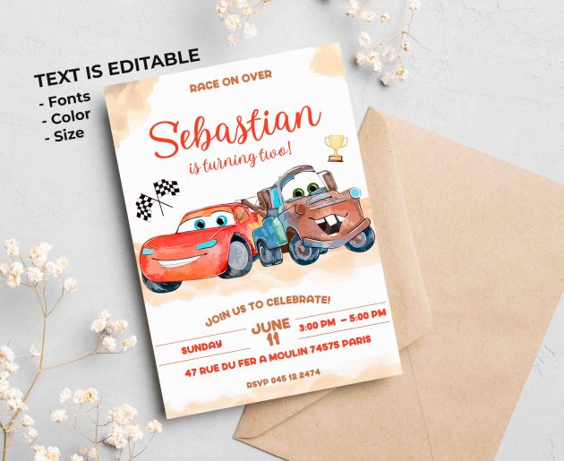 Cars Mater Watercolor Editable Invitation Template - Image 2