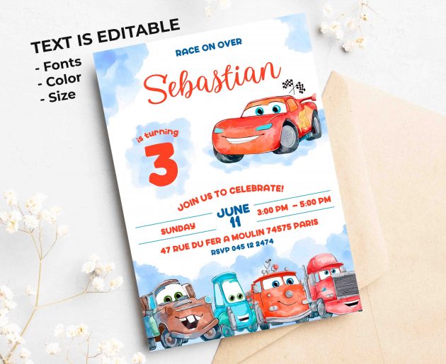 Cars Watercolor Editable Invitation Template - Image 2