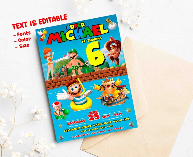 Super Mario Pool Editable Invitation Template - Image 2