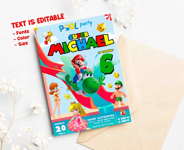 Super Mario Pool Editable Invitation Template - Image 2