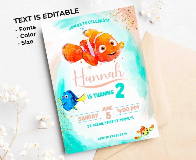 Finding Nemo Watercolor Editable Invitation Template - Image 2
