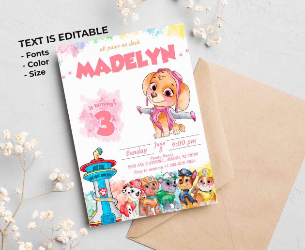Skye Paw Patrol Editable Invitation Template - Image 2