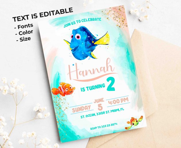 Finding Dory Watercolor Editable Invitation Template - Image 2