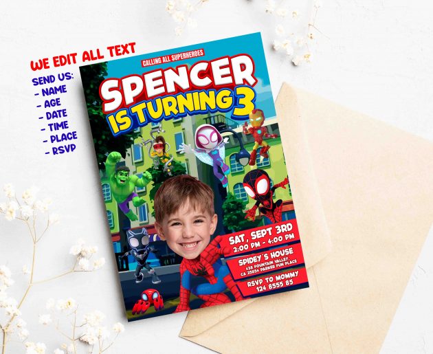 Spiderman Birthday Invitation with photo, custom photo - Image 2