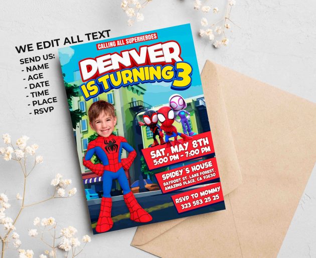 Spiderman Birthday Invitation with photo, custom photo - Image 2