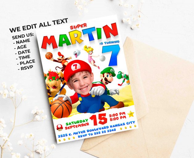 Super Mario Birthday Invitation with photo, custom photo - Image 2