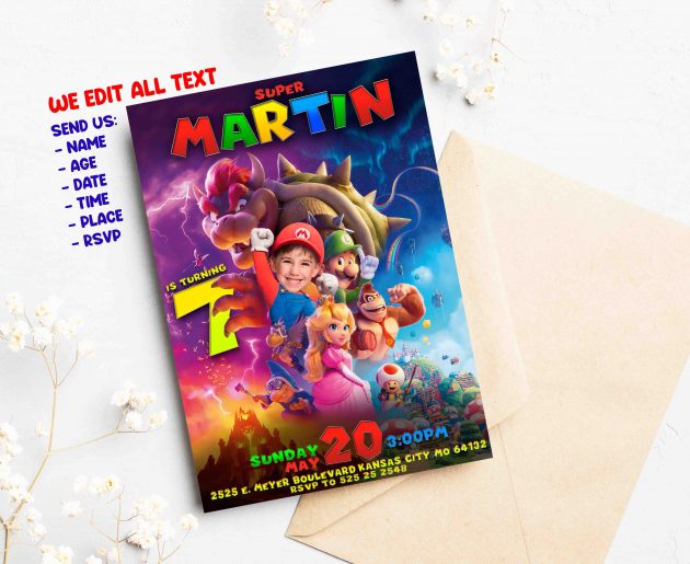 Super Mario Birthday Invitation with photo, custom photo - Image 2