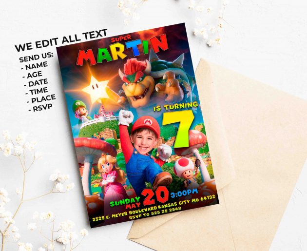 Super Mario Birthday Invitation with photo, custom photo - Image 2