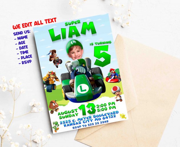 Super Luigi Birthday Invitation with photo, custom photo - Image 2