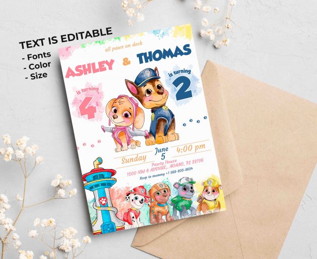 Siblings Paw Patrol Editable Invitation Template - Image 2