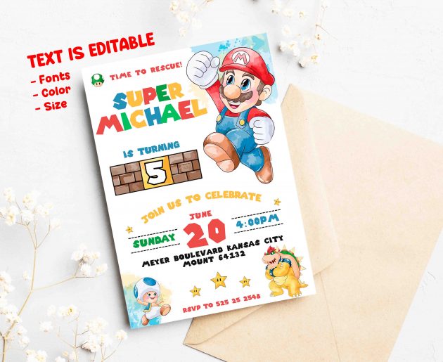 Super Mario Editable Invitation Template - Image 2