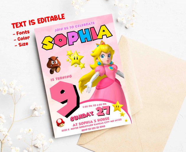 Super Mario Princess Peach Editable Invitation Template - Image 2