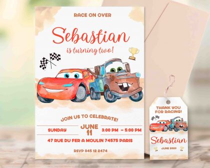Cars Mater Watercolor Editable Invitation Template