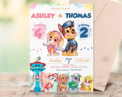 Siblings Paw Patrol Editable Invitation Template
