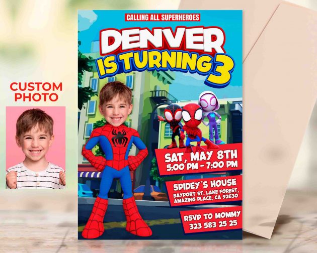 Spiderman Birthday Invitation with photo, custom photo