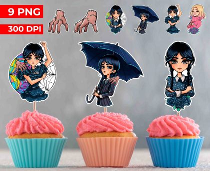 Wednesday Addams Digital Cupcake Topper, Sticker