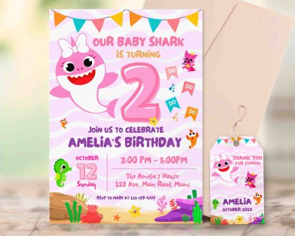 Baby Shark Girl Editable Birthday Invitation Template