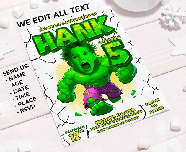 Hulk Birthday Invitation with photo, custom photo - Image 2