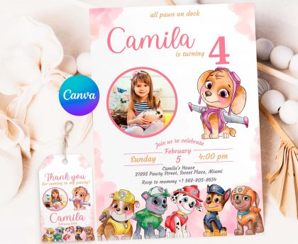 Skye Photo Paw Patrol Editable Invitation Template