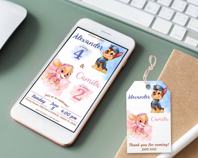 Siblings Paw Patrol Editable Invitation Template - Image 3