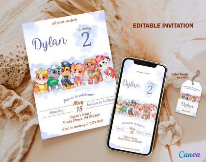 Watercolor Paw Patrol Editable Invitation Template