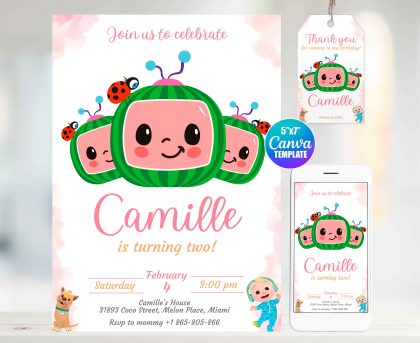 Watercolor Cocomelon Editable Invitation Template