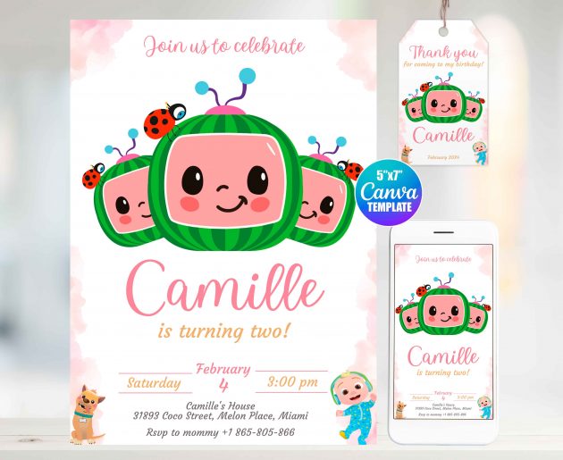 Watercolor Cocomelon Editable Invitation Template