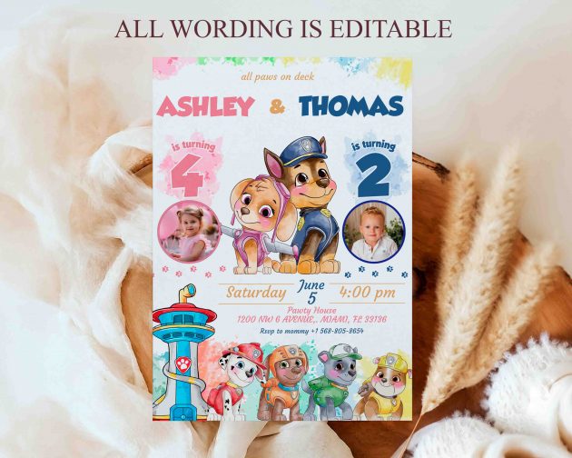 Siblings Paw Patrol Editable Invitation Template - Image 2