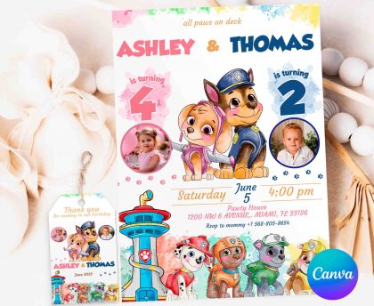 Siblings Paw Patrol Editable Invitation Template
