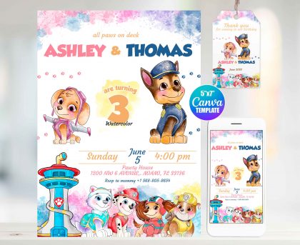 Twins Paw Patrol Editable Invitation Template