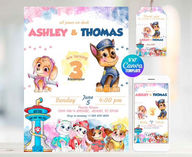 Twins Paw Patrol Editable Invitation Template